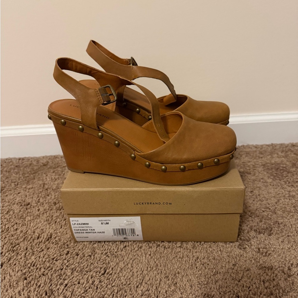 Lucky Brand Tan Brown Wedge Sandals, Size 8.5M